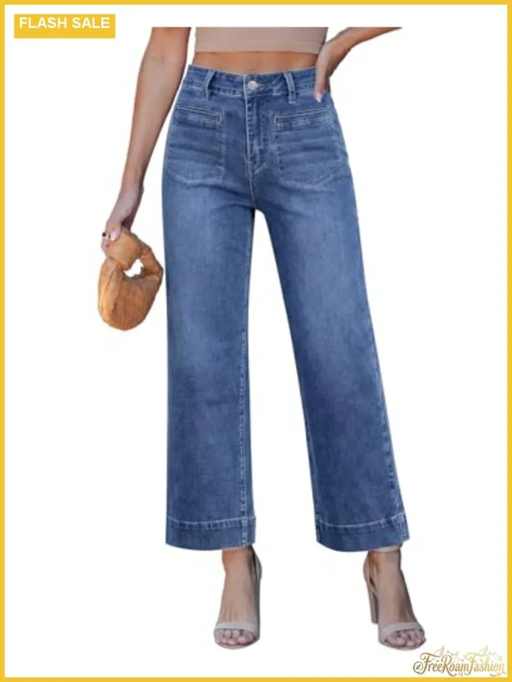 Wide Leg High Waisted Cropped Jeans Women Stretchy Denim Patch Pocket